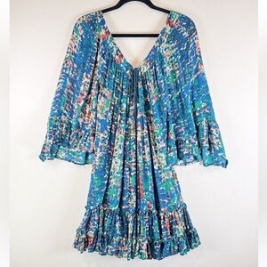 Brand New Tryb Blue Green Mini Abstract Plunge Neck 3/4 Sleeve A Line Boho Dress